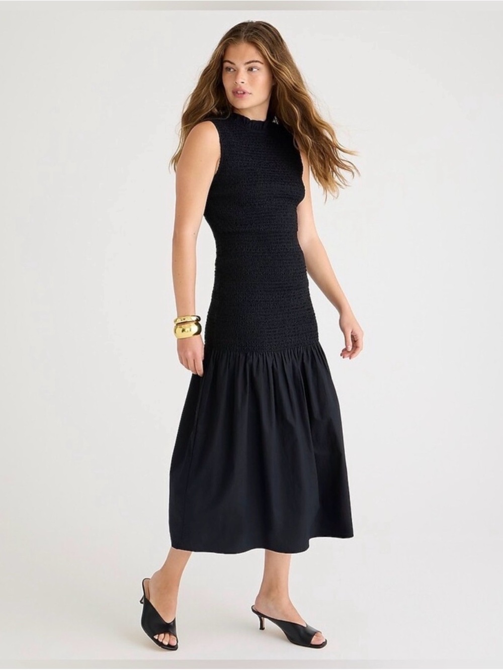J. Crew Black Smocked Drop Waist Midi Dress in Cotton Poplin Small Event Wedding